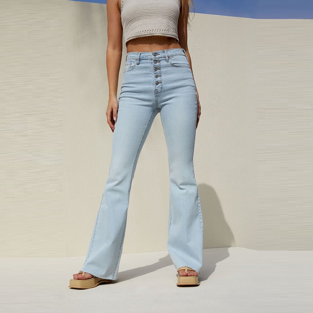 Pacsun Denim Jeans Womens Size 23 Blue Light Button Fly High Rise Flared Raw Hem